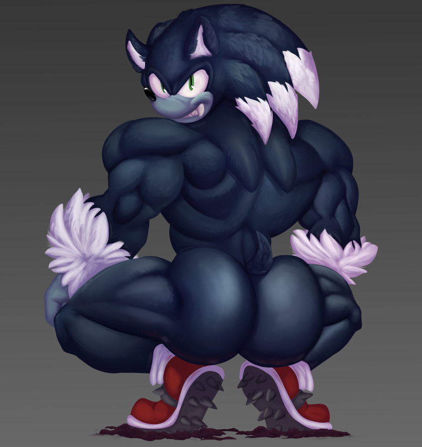 absurd_res anthro back_spines big_butt big_muscles black_nose broly_culo butt cleats clothing countershade_arms countershade_face countershade_hands countershading dahurgthedragon dark_body dark_fur eulipotyphlan fangs fluffy footwear fur glistening glistening_nose green_eyes head_spines hedgehog hi_res inner_ear_fluff light_body light_fur looking_at_viewer looking_back male mammal meme muscular muscular_anthro muscular_male presenting presenting_hindquarters rear_view red_clothing red_footwear red_shoes sega sharp_teeth shoes sitting small_tail smile smiling_at_viewer smirk solo sonic_the_hedgehog sonic_the_hedgehog_(series) sonic_the_werehog sonic_unleashed spines teeth thick_thighs tuft were wereeulipotyphlan werehog wrist_fluff