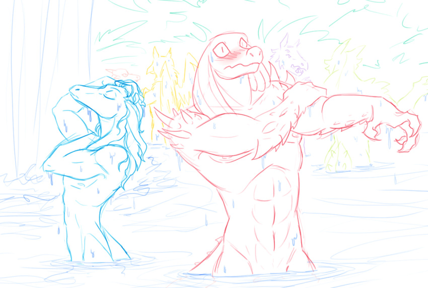 anthro bath bathing blush disney duo embarrassed lake lizard male male/male muscular muscular_male nipples nude pecs rasticore_(svtfoe) reptile scalie star_vs._the_forces_of_evil toffee_(svtfoe) unknown_artist water