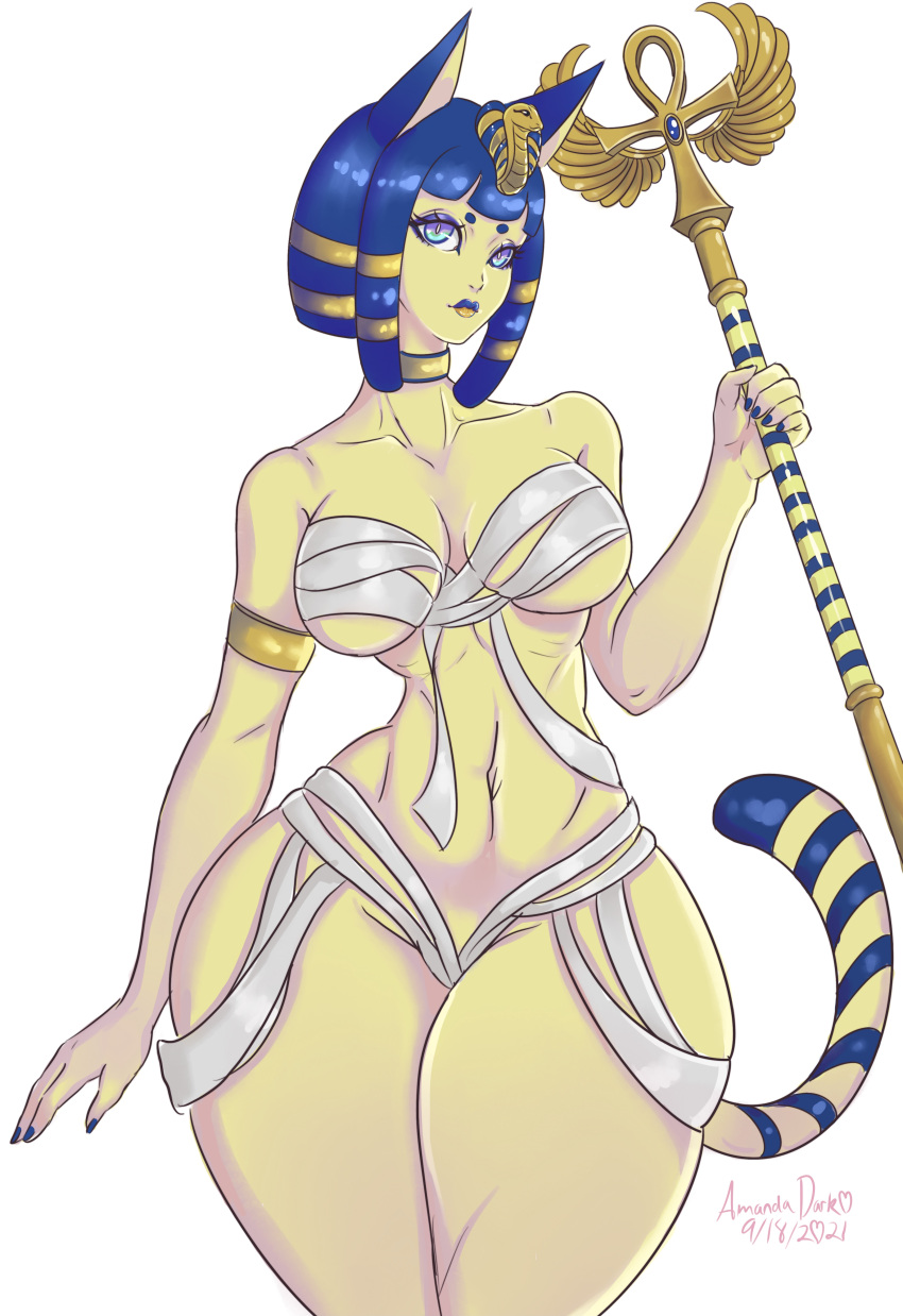 absurd_res amandadarko animal_crossing ankha_(animal_crossing) athletic bangs big_breasts blue_eyebrows blue_eyes blue_hair blue_lipstick blue_nails breasts choker colored_nails curvy_figure domestic_cat egyptian eyebrows felid feline felis female hair hi_res holding_object holding_weapon huge_hips humanoid jewelry lips lipstick makeup mammal nails navel necklace night nintendo pear-shaped_figure scepter simple_background solo standing thick_lips thick_thighs video_games weapon white_background wide_hips wraps yellow_body