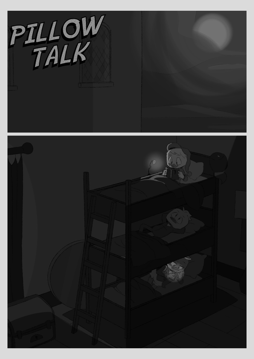 absurd_res anatid anseriform avian bed bedroom bird border bunk_bed comic dewey_duck disney duck ducktales ducktales_(2017) furniture grey_border hi_res huey_duck louie_duck monochrome therita3k