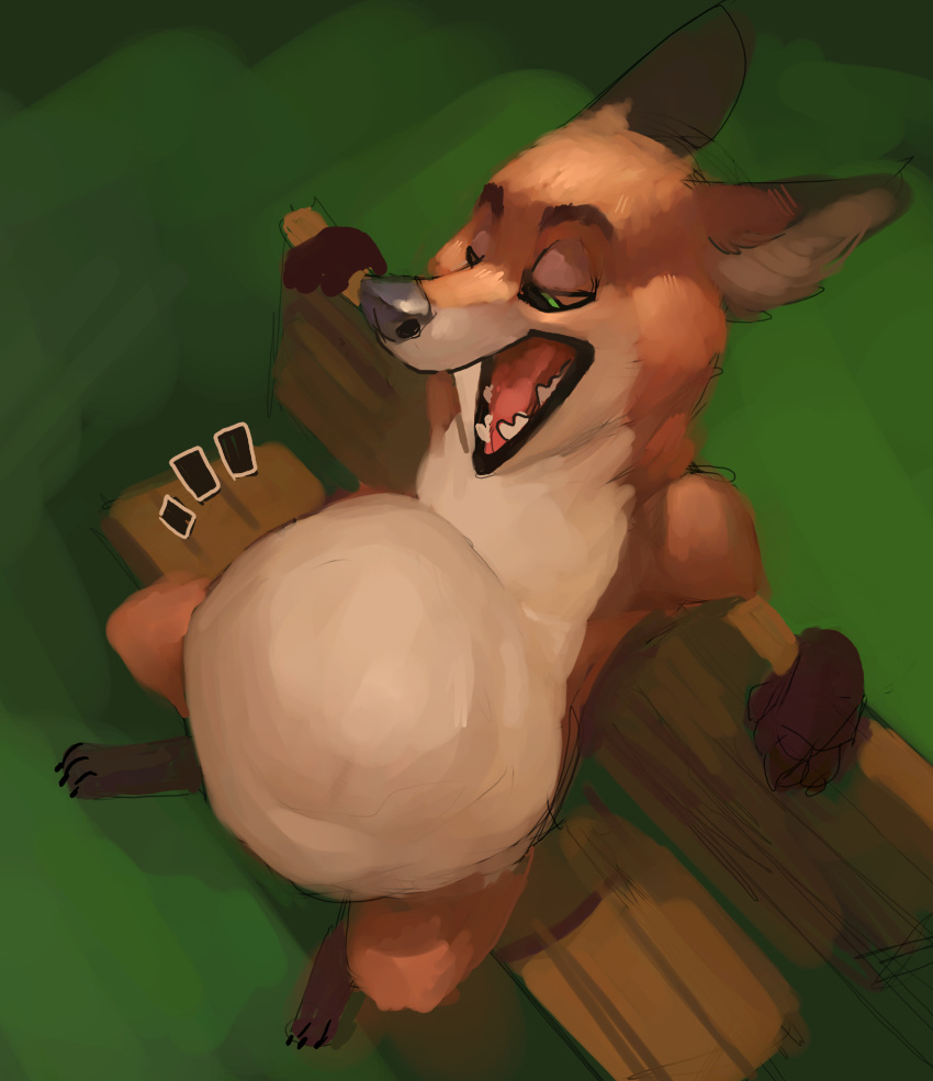 anthro belly bench big_belly canid canine disney fox hi_res high-angle_view lemonscentedbiscut male male_pred mammal nick_wilde open_mouth park_bench solo unavailable_at_source vore zootopia