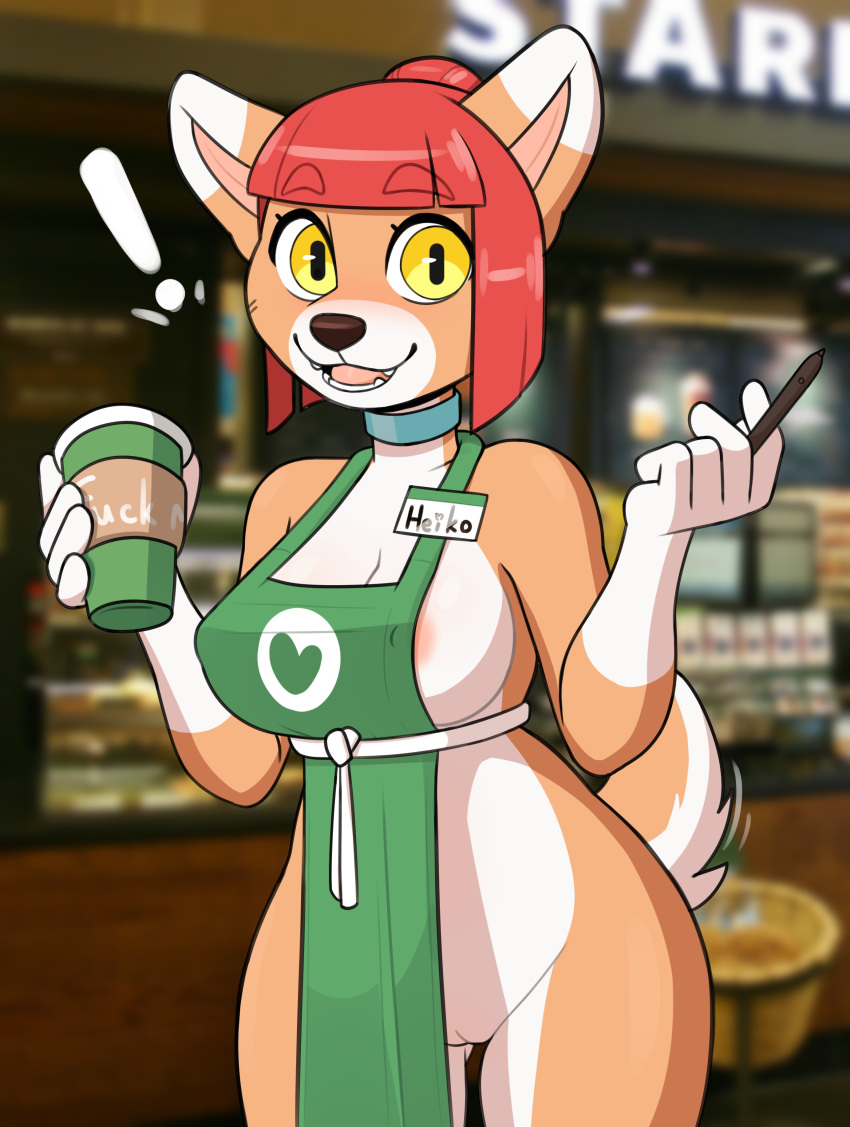 2021 absurd_res anthro apron apron_only areola areola_slip blurred_background breasts canid canine canis clothing container countershade_torso countershading cup detailed_background digital_media_(artwork) domasarts domestic_dog female genitals gloves_(marking) green_apron hair heiko_(domasarts) hi_res holding_cup holding_object i_mean_breast_milk light lighting looking_at_viewer mammal markings meme mostly_nude name_tag open_mouth open_smile photo_background portrait pussy red_hair shaded smile solo three-quarter_portrait yellow_eyes
