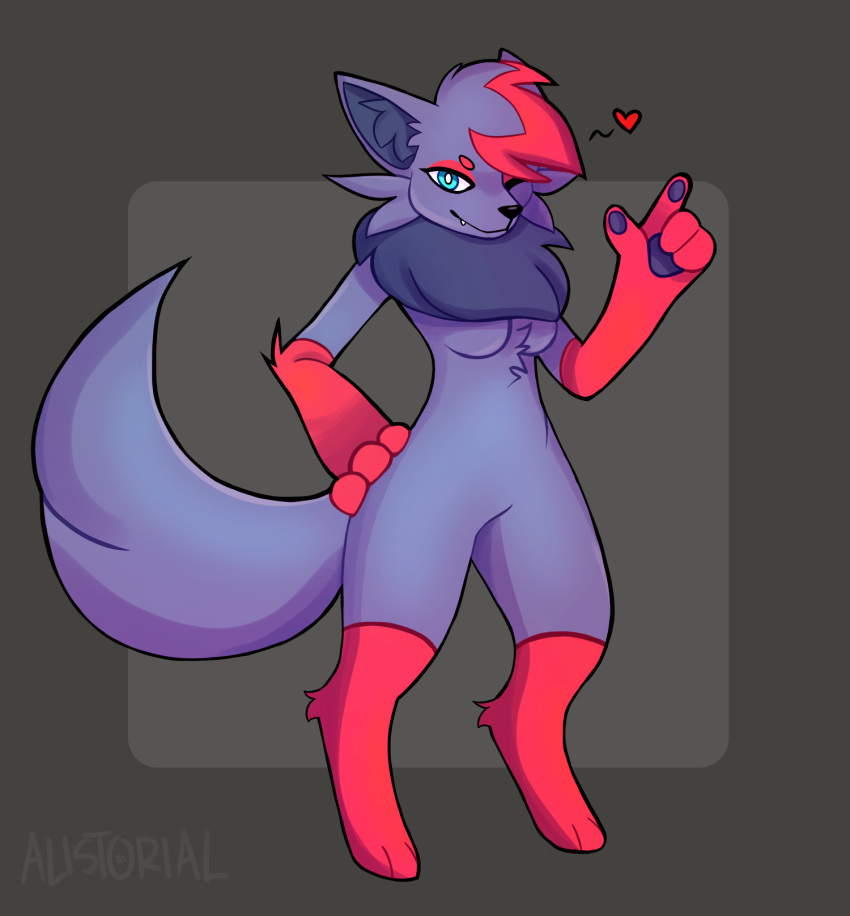 alistorial anthro black_body black_fur blue_eyes breasts canid canine digital_media_(artwork) featureless_breasts featureless_crotch female fur grey_body grey_fur grey_hair hair hi_res looking_at_viewer mammal nintendo pawpads paws pok&eacute;mon pok&eacute;mon_(species) pok&eacute;morph red_body red_fur simple_background smile solo video_games watermark zorua