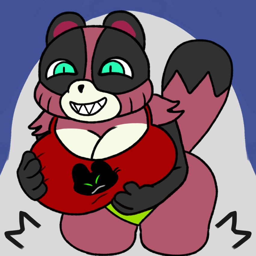 1:1 anthro breast_grab breasts canid canine cartoon_network clothing female hand_on_breast hi_res leaning leaning_forward mammal mao_mao:_heroes_of_pure_heart mega_milk meme raccoon_dog redriver24816_(artist) simple_background solo tanuki tanya_keys thong topwear underwear