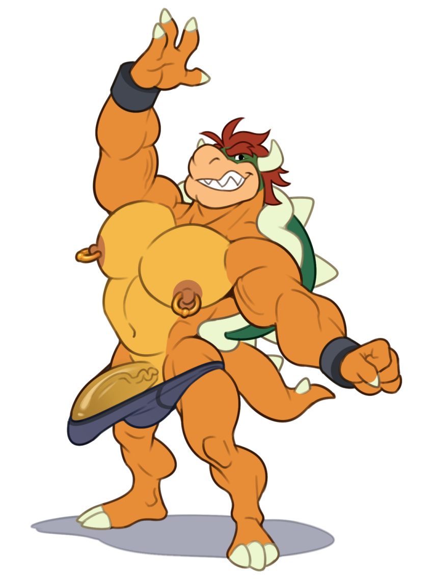 2021 analon_(artist) anthro barely_contained barely_contained_penis big_bulge big_muscles big_penis bowser bracelet bulge claws clothed clothing erection erection_under_clothing eyebrows genitals hair hi_res horn ineffective_clothing jewelry koopa male mario_bros muscular muscular_anthro muscular_male navel nintendo nipple_piercing nipple_ring nipples pecs penis piercing scalie sharp_teeth shell simple_background smile smirk solo spiked_shell spiked_tail spikes spikes_(anatomy) standing teeth tenting underwear vein video_games white_background