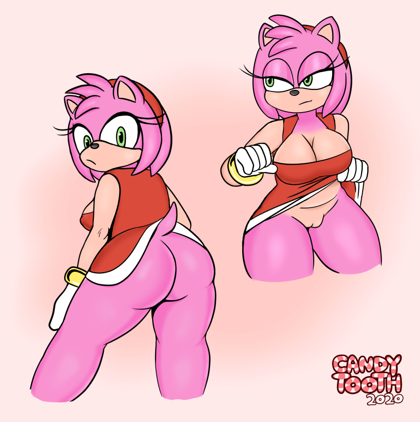 2020 absurd_res amy_rose anthro big_breasts bottomwear breasts butt candy_tooth_(artist) cleavage clothed clothing clothing_lift english_text eulipotyphlan female flashing flashing_pussy genitals hedgehog hi_res looking_at_viewer mammal multiple_poses no_underwear pose pussy rear_view sega skirt skirt_lift solo sonic_the_hedgehog_(series) text