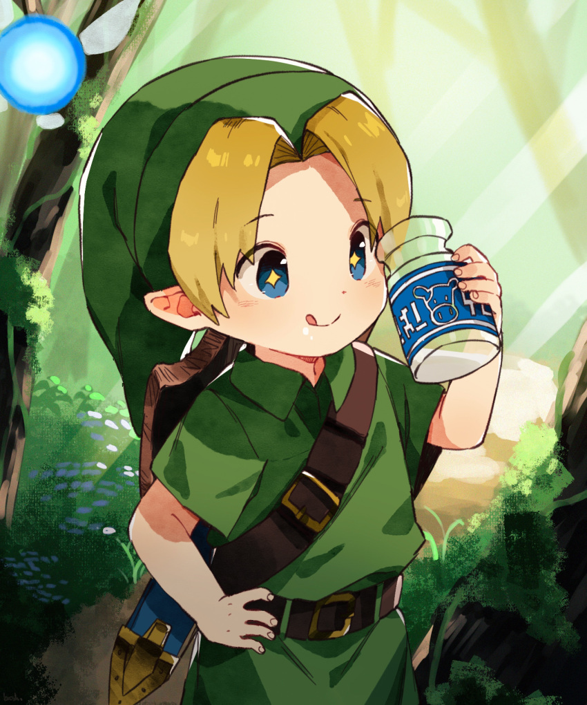 2020 5:6 beverage blonde_hair blue_eyes bottle child clothing fairy hair hat headgear headwear hi_res humanoid humanoid_pointy_ears hylian link male milk navi nintendo not_furry ocarina_of_time the_legend_of_zelda thebrushking tongue tongue_out tunic video_games young