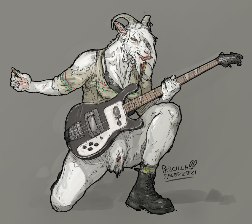 9:8 absurd_res anthro bass_guitar beard boots bottomless bovid caprine clothed clothing ear_piercing ear_ring eyebrow_piercing facial_hair facial_piercing female footwear furgonomics furry-specific_piercing genitals goat guitar hairy hi_res mammal musical_instrument piercing plucked_string_instrument priscillasheep pubes pussy russian_white_dairy_goat solo string_instrument tongue tongue_out tongue_piercing waddle