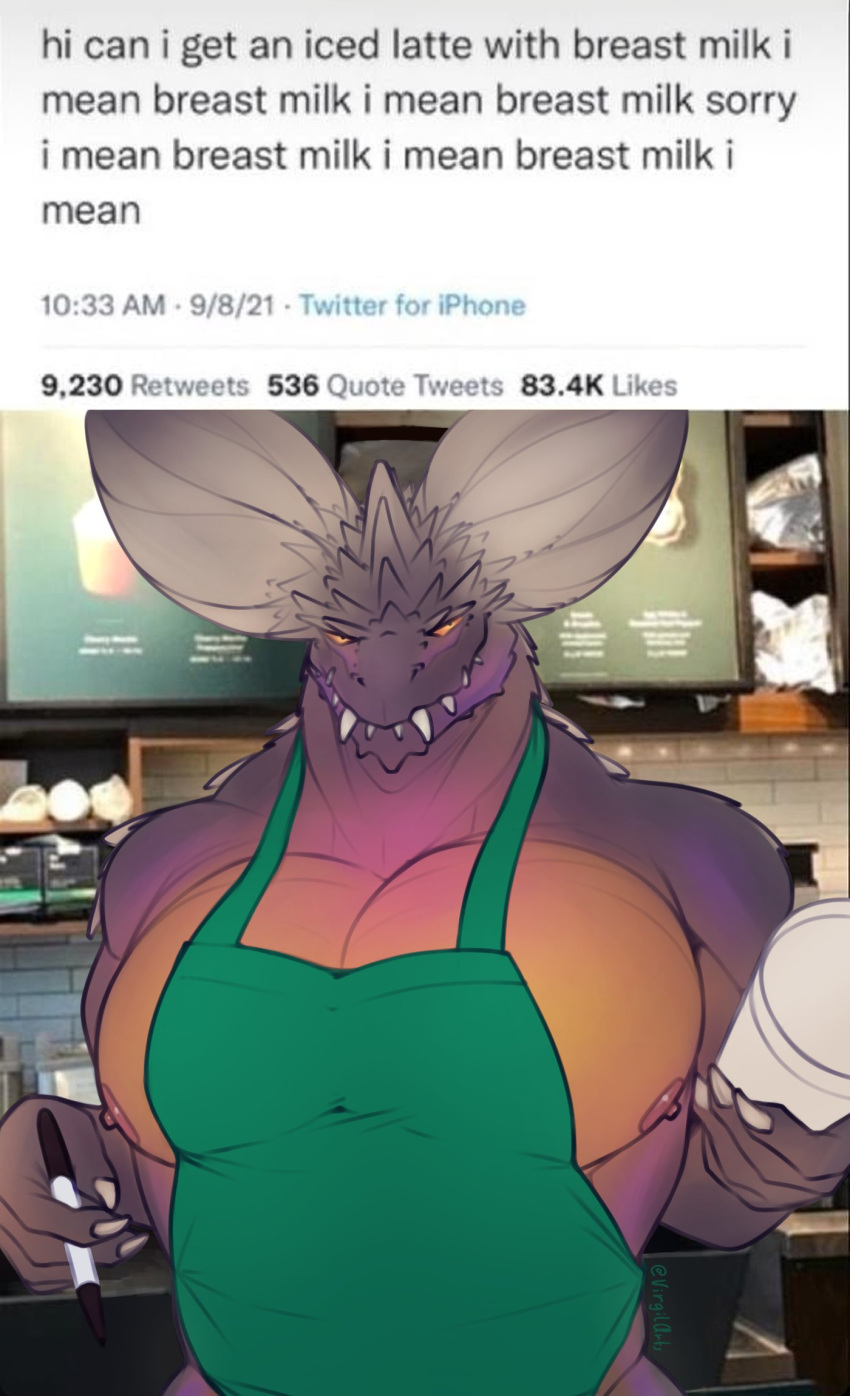 anthro apron apron_only beverage biceps big_pecs brown_body brown_scales capcom claws clothing coffee coffee_cup container cup digital_media_(artwork) elder_dragon english_text finger_claws green_apron grey_claws grey_horn grey_spikes hi_res holding_cup holding_object holding_pen horn huge_pecs i_mean_breast_milk male maxydont meme monster_hunter mostly_nude multicolored_body multicolored_scales muscular muscular_anthro muscular_male nergigante nipples orange_body orange_scales pecs pen photo_background scales shaded signature smile solo spikes teeth text twitter two_tone_body two_tone_scales video_games yellow_eyes