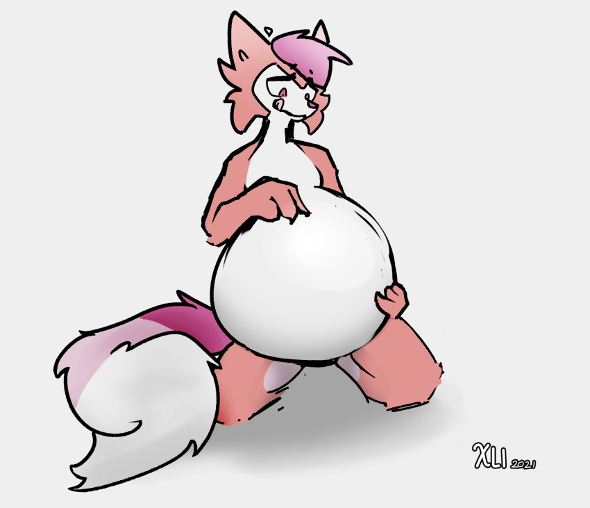 ambiguous_gender anthro belly big_belly canid fluffy fluffy_tail fur hi_res licking licking_lips mammal pink_body purple_body purple_eyes purple_fur purple_nose solo tongue tongue_out touching_belly white_body white_fur xli