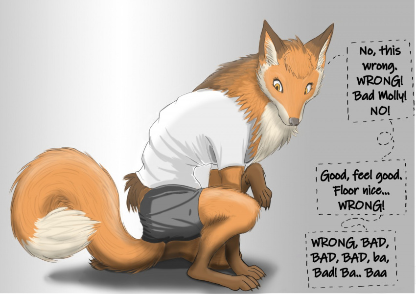 all_fours anthro_to_feral black_lips black_nose bottomwear canid canine clothed clothed_feral clothing english_text female feral fox fur gloves_(marking) hair human_to_feral intelligence_loss krazyivan leg_markings lips loss_of_self mammal markings orange_body orange_eyes orange_fur orange_hair semi-anthro shirt socks_(marking) solo species_transformation t-shirt text topwear transformation underwear white_body white_fur