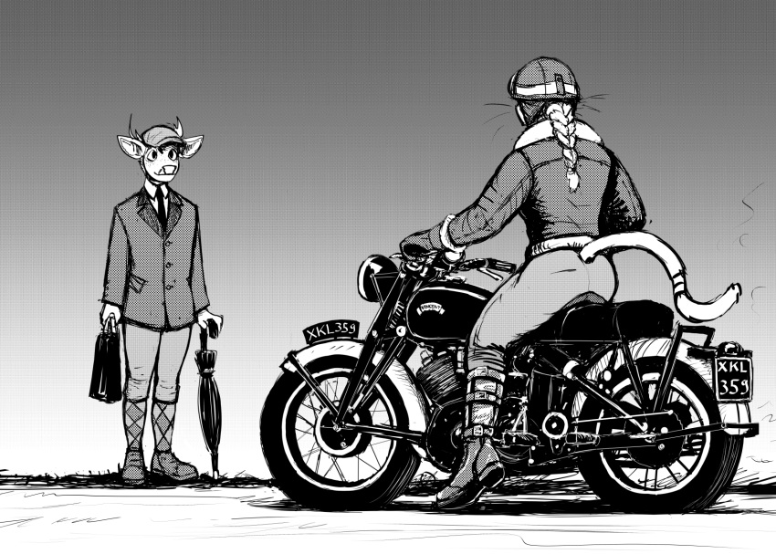 2021 anthro argyle_(pattern) armor braided_hair braided_ponytail cat_knight cervid clothing deer_prince domestic_cat duo felid feline felis female greyscale hair hat headgear headwear helmet hi_res hladilnik male mammal monochrome motorcycle umbrella vehicle