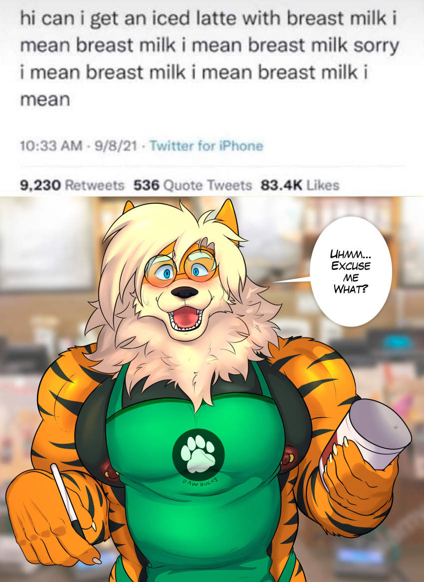 2021 abs absurd_res anthro anthrofied apron arcanine biceps clothing dialogue digital_media_(artwork) english_text green_apron hi_res i_mean_breast_milk leo_(zourik) male mammal mane meme muscular muscular_anthro muscular_male nintendo nipple_piercing nipple_slip nipples orange_body pecs pen piercing pok&eacute;mon pok&eacute;mon_(species) pok&eacute;morph shaded solo speech_bubble stripes text twitter video_games zourik