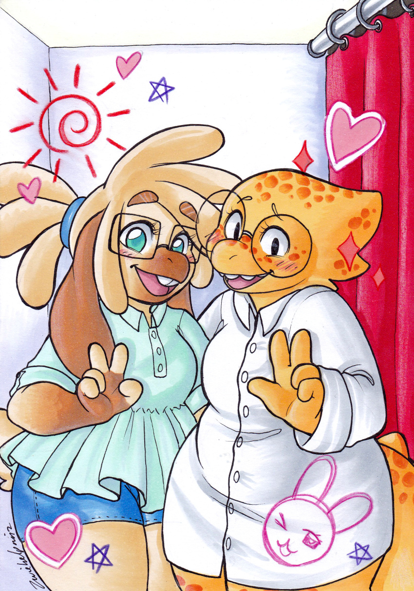 &lt;3 absurd_res alphys anthro belly blue_eyes blush bottomwear breasts brown_body brown_fur brown_hair buckteeth chubby_anthro chubby_female clothed clothing coat cutoffs denim denim_clothing detailed_background duo english_text eyewear female fully_clothed fur gesture glasses hair hi_res lab_coat lizard looking_at_viewer mammal multicolored_body multicolored_fur multicolored_scales non-mammal_breasts open_mouth open_smile orange_body orange_scales photo_booth portrait pose reptile scales scalie shirt shorts signature slightly_chubby smile sparkles spines tail_spines teeth text thick_tail thick_thighs three-quarter_portrait tied_hair topwear two_tone_body two_tone_fur two_tone_scales undertale undertale_(series) unknown_character unknown_species v_sign video_games yellow_body yellow_scales yellow_spines zwiebelprinz