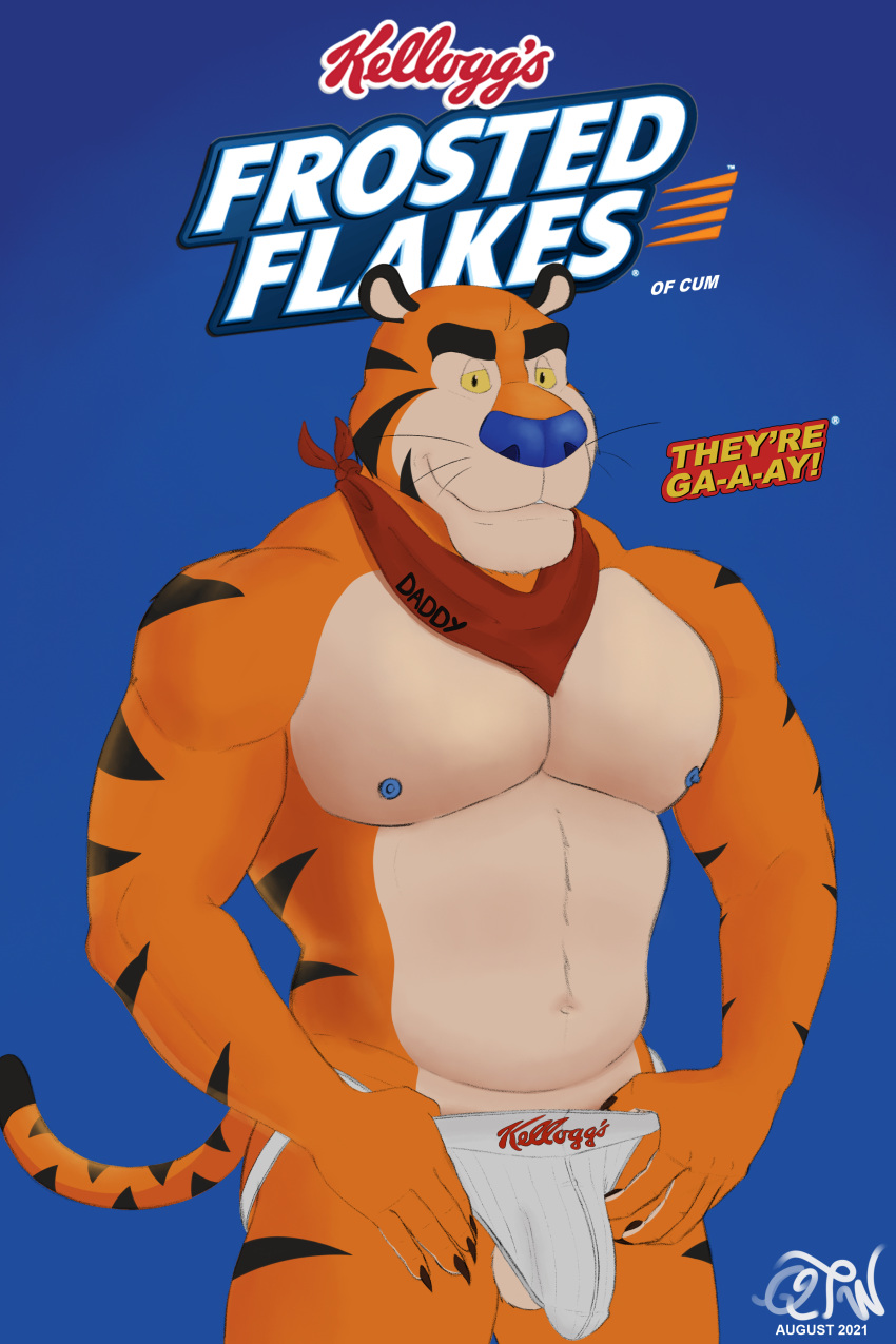 2:3 absurd_res anthro blue_background blue_nipples blue_nose bulge clothing felid feline frosted_flakes fur hi_res jockstrap kellogg's looking_at_viewer male mammal mascot muscular muscular_male neckerchief nipples orange_body orange_fur pantherine pecs qwertythewolf simple_background smile solo striped_body stripes tiger tony_the_tiger underwear whiskers