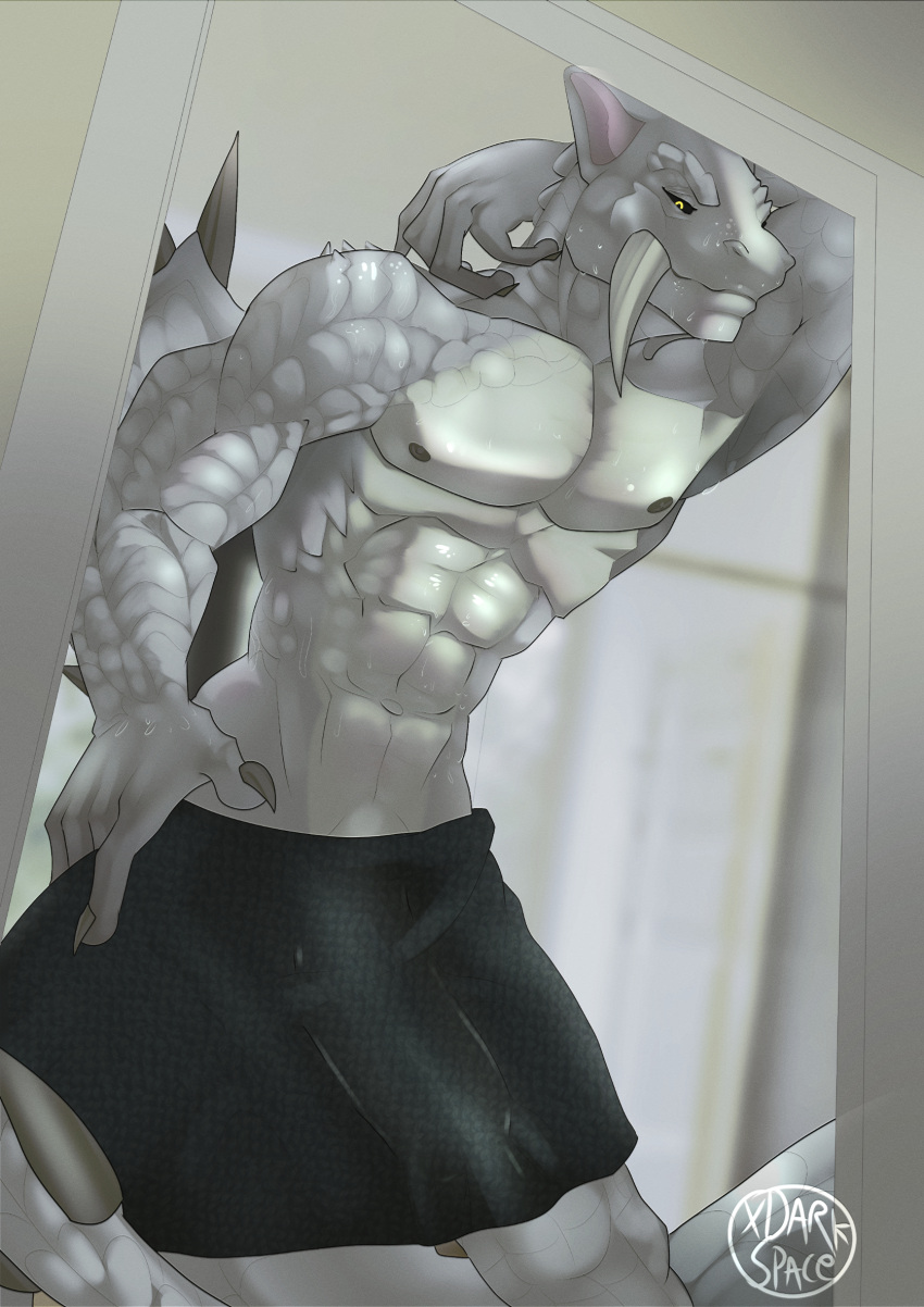 abs anthro arm_support bathroom bathroom_wall biceps black_eyes bulge deltoids doorway fangs hi_res leaning_on_elbow leaning_on_wall long_fingers looking_at_viewer male mostly_nude muscular muscular_male navel nipples obliques pecs reptile scales scalie signature snake solo towel towel_only triceps v-cut wet wet_body wet_scales xdarkspace yellow_sclera