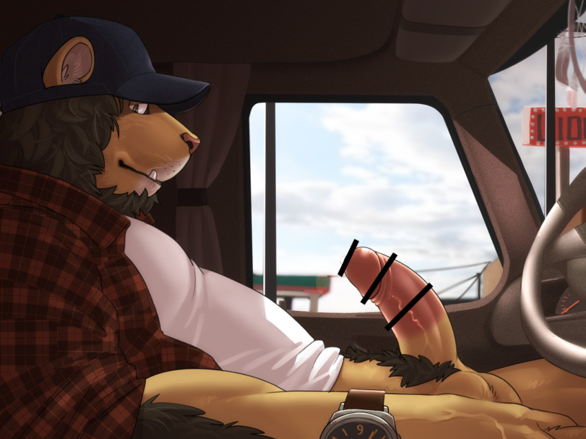 2021 anthro balls car censored clothing cute_fangs detailed_background erection felid genitals hat headgear headwear humanoid_genitalia humanoid_hands humanoid_penis inside inside_car kemono kotori lion male mammal pantherine penis shirt sitting solo topwear uncensored_version_at_source vehicle