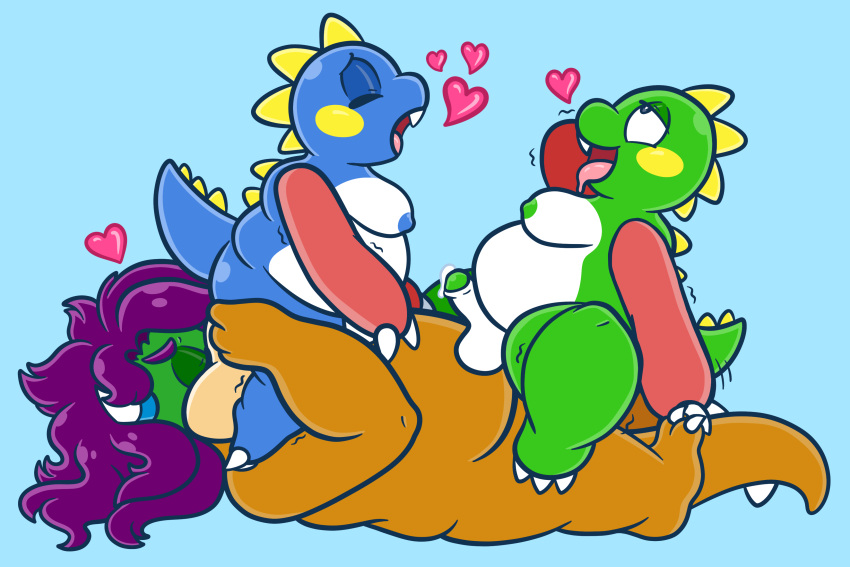 &lt;3 absurd_res anal anal_penetration anthro balls bob_(bubble_bobble) bodily_fluids brother brothers bub_(bubble_bobble) bubble_bobble bubble_dragon cowgirl_position fan_character from_front_position genital_fluids genitals group hi_res horn koopa madrik male male/male mario_bros moobs motion_lines nintendo nipples on_bottom on_top oral overweight overweight_male penetration penis precum rimming scalie sex sibling sinribbons size_difference taito video_games