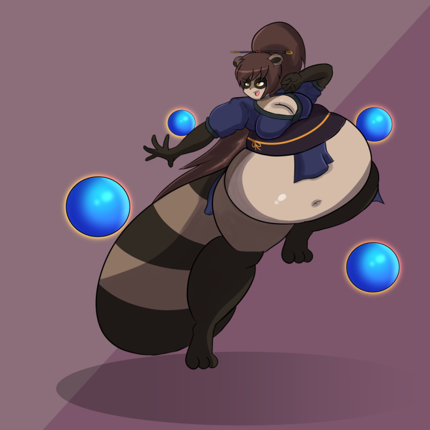 1:1 anthro asian_mythology belly big_belly big_breasts breasts canid canine female fighting_pose hyper hyper_belly mammal mythology orbs overweight overweight_female pose raccoon_dog runningwildwolf sachiko_(runningwildwolf) solo tanuki