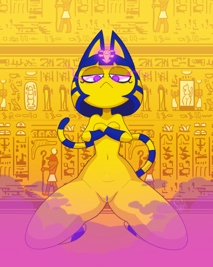 4:5 animal_crossing ankha_(animal_crossing) ankha_zone anthro crossed_arms domestic_cat egyptian felid feline felis female frown genitals glowing glowing_eyes hi_res humor kneeling looking_at_viewer mammal meme nintendo nude profannytea pussy solo spread_legs spreading video_games