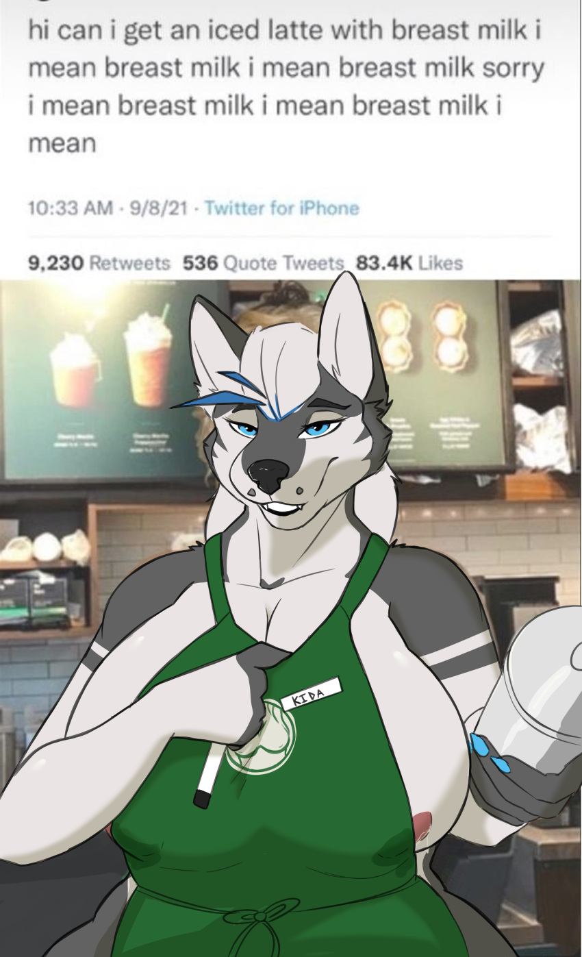 absurd_res anthro apron apron_only areola areola_slip beverage big_breasts blue_eyes bodily_fluids breasts canid canine canis clothed clothing coffee digital_media_(artwork) english_text female green_apron hair hi_res huge_breasts i_mean_breast_milk kida_howlette kida_howlette_(character) lactating lactating_through_clothing looking_at_viewer mammal meme milk mostly_nude smile smiling_at_viewer solo starbucks text wet wet_clothing white_hair wide_hips wolf