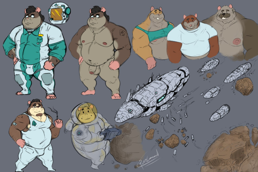 2021 3:2 anthro balls belly bottomwear brown_body bulge clothing cricetid flaccid genitals group hamster humanoid_genitalia humanoid_hands humanoid_penis male mammal moobs musclegut nipples overweight overweight_male pants penis pure_command rodent shirt spacecraft spacesuit topwear vehicle