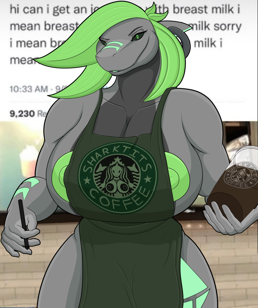2021 absurd_res anthro apron apron_only beverage big_breasts breasts cetacean clothed clothing coffee dauna_(reptilligator) delphinoid digital_media_(artwork) english_text female fish green_apron hair hi_res holding_beverage holding_object hybrid i_mean_breast_milk logo looking_at_viewer mammal marine markings meme mostly_nude nipple_slip nipples piercing reptilligator shaded shark skimpy text text_on_apron text_on_clothing thick_thighs toothed_whale