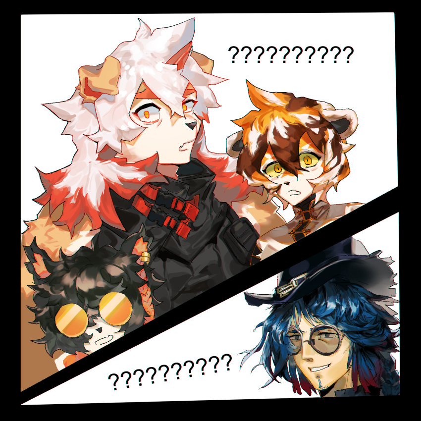 1:1 2021 ? aak_(arknights) anthro arknights black_body black_hair blue_hair canid canine canis clothed clothing domestic_dog eyewear felid female fur glasses group hair hat headgear headwear hi_res horn human hung_(arknights) hypergryph linhuuuu male mammal mr._nothing_(arknights) multicolored_body multicolored_fur multicolored_hair orange_body orange_fur orange_hair pantherine short_hair smile studio_montagne tiger video_games waaifu_(arknights) white_body white_fur white_hair