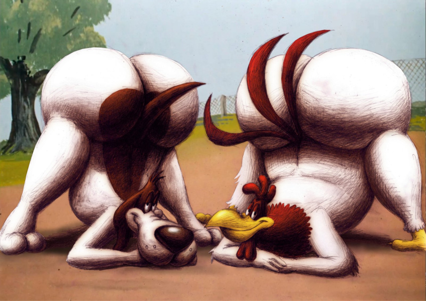 2021 2_toes anthro avian barnyard_dawg bedroom_eyes big_butt bird brown_body brown_fur butt canid canine canis chicken day domestic_dog duo feet foghorn_leghorn fur galliform gallus_(genus) hi_res huge_butt hyper hyper_butt jack-o'_pose looking_at_viewer looney_tunes male mammal multicolored_body multicolored_fur narrowed_eyes on_ground outside phasianid plant pose seductive smile ten-kun toes tree two_tone_body two_tone_fur warner_brothers white_body white_fur