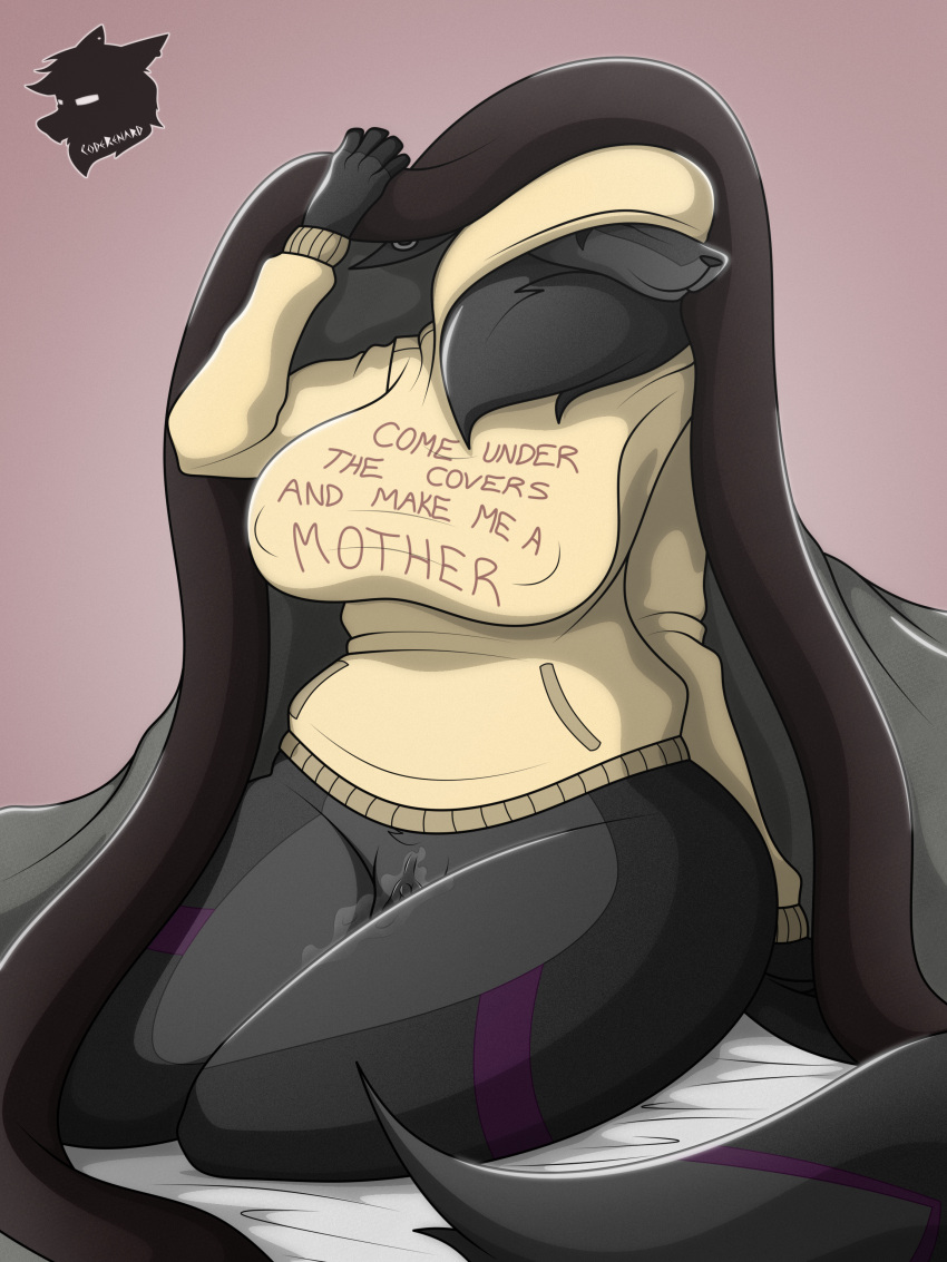 3:4 absurd_res anthro bed bed_covers bedding black_body black_fur bodily_fluids bottomless canid canine canis clothed clothing coderenard covered_eyes crossgender curvy_figure female fox fur furniture genital_fluids genitals hi_res hidden_eyes hoodie impregnation_request looking_at_viewer mammal multicolored_body multicolored_fur nude piercing reynard_(coderenard) sitting smile solo text text_on_clothing topwear voluptuous yellow_hoodie