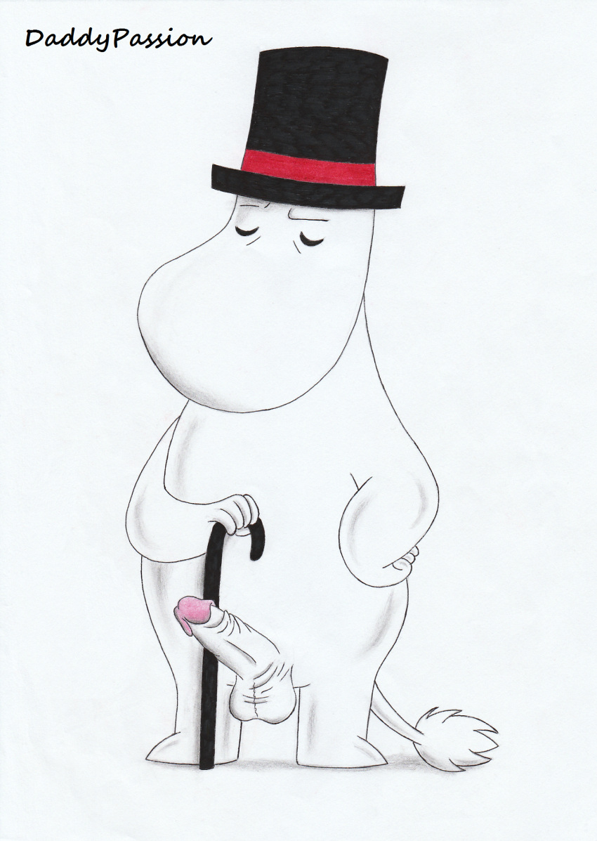 anthro balls clothing daddypassion erection eyes_closed genitals hat headgear headwear hi_res humanoid_genitalia humanoid_penis male moominpappa penis pose simple_background solo the_moomins thinking_pose top_hat