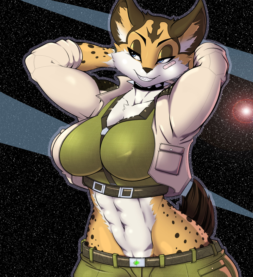 abs anthro bandage bedroom_eyes big_breasts bluedraggy breasts cleavage clothed clothing collaboration collar danonymous felid feline female fur grin hands_behind_head hi_res jacket lynx mammal midriff miyu_lynx muscular muscular_female narrowed_eyes navel nintendo seductive smile solo spiked_collar spikes spots spotted_body spotted_fur star_fox thick_thighs topwear video_games