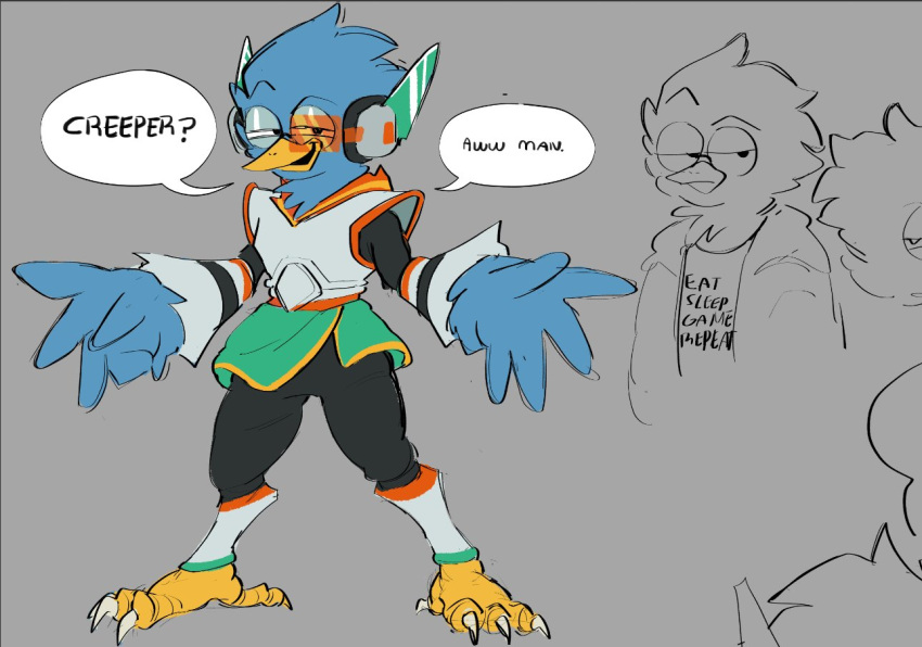 4_toes anthro armor avian barefoot beak berdly bird bird_feet blue_body blue_feathers buttjavis claws clothing deltarune english_text feathers feet hoodie male scouter shirt smug solo t-shirt talons text toes topwear undertale_(series) video_games