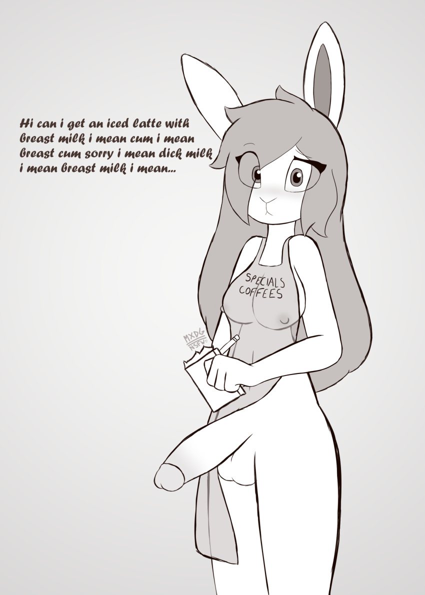 absurd_res anthro apron apron_only balls blush breasts clothed clothed/nude clothing dialogue digital_media_(artwork) english_text erection genitals gynomorph hi_res humanoid_genitalia humanoid_penis i_mean_breast_milk intersex lagomorph leporid looking_at_viewer mammal max_draws meme molly_(max_draws) mostly_nude nipples nude penis rabbit solo text text_on_apron text_on_clothing