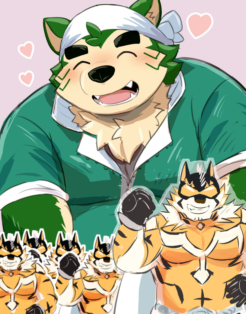 &lt;3 2021 absurd_res anthro black_nose blush canid canine canis clothing domestic_dog eyes_closed fur green_body green_fur hi_res kemono lifewonders live-a-hero male mammal mokdai overweight overweight_male shirt simple_background solo topwear toy video_games zuboboz