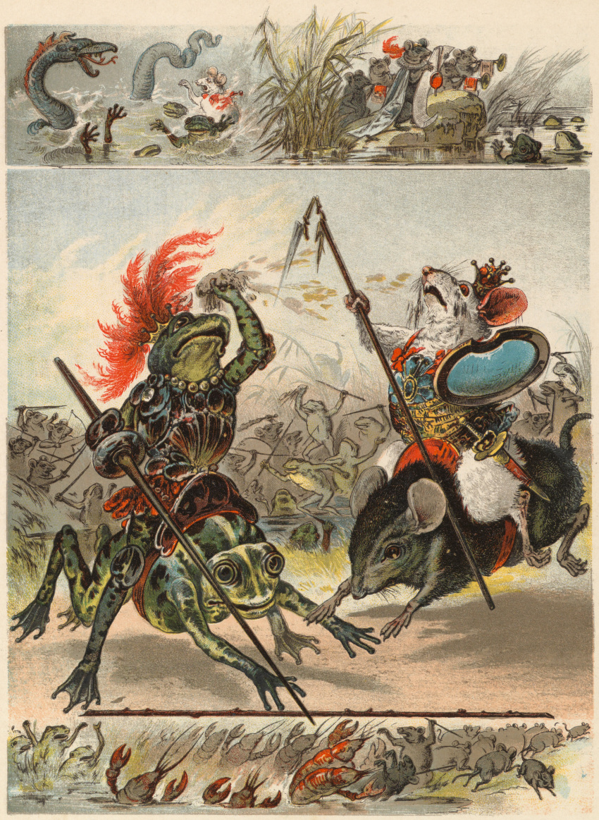 19th_century absurd_res ambiguous_gender amphibian ancient_furry_art antennae_(anatomy) anthro arthropod barefoot battle biped black_body black_fur brass_instrument cape carl_offterdinger clothing club_(weapon) crown crustacean decapoda english_text fedor_flinzer feet feral forked_tongue frog fur green_body green_skin group hat_feather headgear headwear hi_res holding_object holding_polearm holding_sword holding_weapon lance large_group lobster loose_feather malacostracan male mammal marine melee_weapon membrane_(anatomy) mouse murid murine musical_instrument no_sclera nude open_mouth outside partially_submerged pincers public_domain quadruped riding rodent sword text tongue traditional_media_(artwork) water weapon webbed_feet white_body white_fur wind_instrument