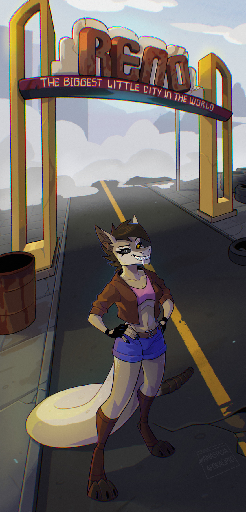 absurd_res anastasia_apokalipto_(artist) anthro bethesda_softworks bottomwear brown_body brown_fur brown_hair brown_scales canid canine canis clothing coyote fallout fangs female fur gloves grey_eyes hair hand_on_hip handwear heterochromia hi_res hybrid jacket looking_at_viewer mammal night_stalker_(fallout) night_stalker_girl_(wuzy2121) pit_viper post-apocalyptic rattle_(anatomy) rattlesnake reptile road scales scalie shirt shorts smile smiling_at_viewer snake solo standing teeth_showing topwear video_games viper yellow_eyes