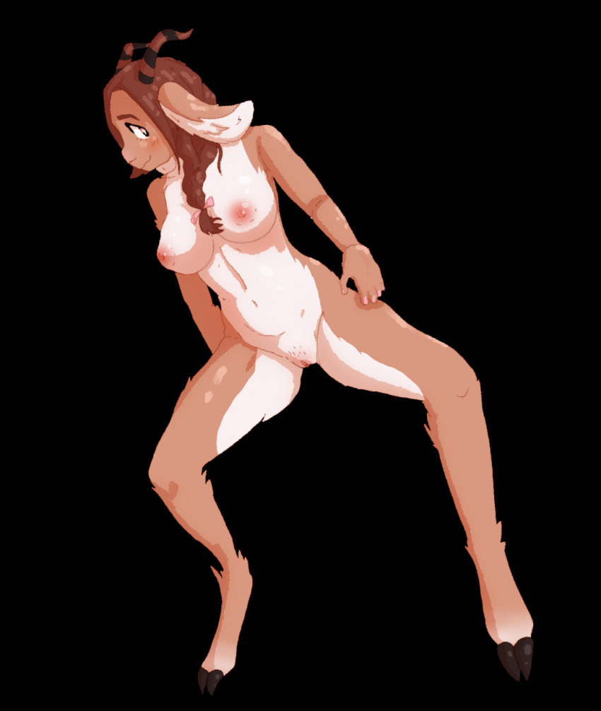 anthro big_breasts bitleys bovid breasts brown_hair caprine female fur genitals goat hair hi_res hooves horn looking_away mammal moon_abani multicolored_body multicolored_fur natural_colors nipples nude pussy simple_background solo striped_horn stripes two_tone_body two_tone_fur