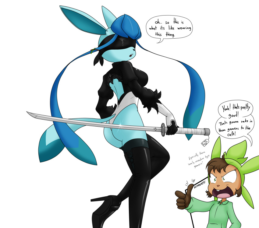 2019 anthro blindfold blue_body blue_fur blue_hair breasts brown_body brown_fur brown_hair buckteeth butt butt_pose chespin clothing cosplay curvy_figure dialogue digital_media_(artwork) duo eeveelution english_text eyelashes female fingers fur galia_(sandwich-anomaly) gesture glaceon gloves green_eyes hair handwear hi_res high_heels leina_(sandwich-anomaly) leotard low-angle_view mammal melee_weapon multicolored_body multicolored_fur nier_automata nintendo pok&eacute;mon pok&eacute;mon_(species) pose rear_view sandwich-anomaly simple_background smile standing sword tan_body tan_fur teeth text thumbs_up tongue video_games voluptuous weapon white_background yorha_2b