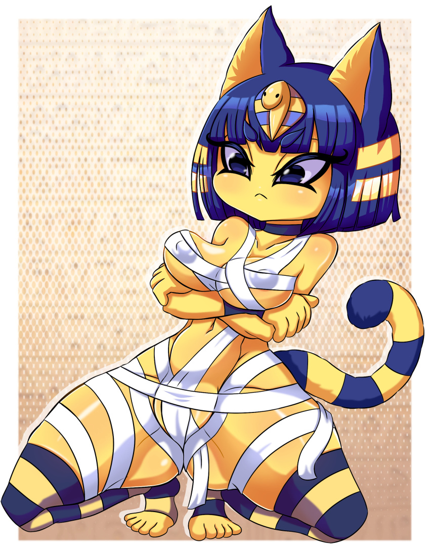 animal_crossing ankha_(animal_crossing) anthro big_breasts breasts crouching domestic_cat felid feline felis female frown hi_res izfan mammal nintendo nipple_outline pattern_background simple_background solo spread_legs spreading video_games wraps