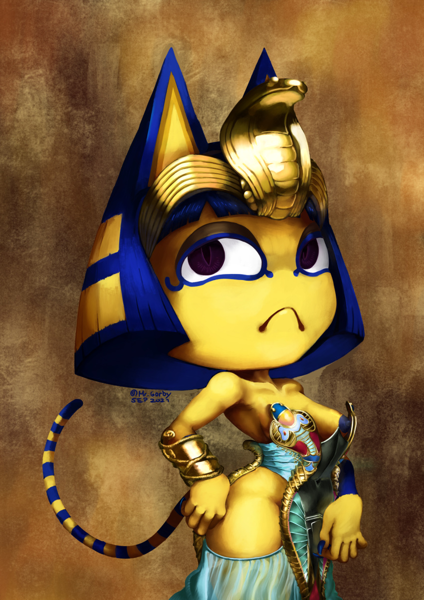 animal_crossing ankha_(animal_crossing) anthro breasts clothing colored_nails domestic_cat egyptian_clothing egyptian_headdress exposed_breasts eye_markings eyeshadow felid feline felis female frown hi_res makeup mammal markings mrgorby nails nintendo solo video_games