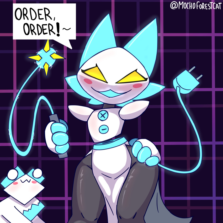 1:1 animal_humanoid anthro blush blush_stickers clothed clothing deltarune dialogue duo english_text felid felid_humanoid female geometric_background grid_background hand_on_hip hi_res holding_object holding_whip humanoid machine mammal mammal_humanoid mocho4266 no_pupils open_mouth owo pattern_background robot simple_background speech_bubble tasque tasque_manager text undertale_(series) video_games whip wide_hips