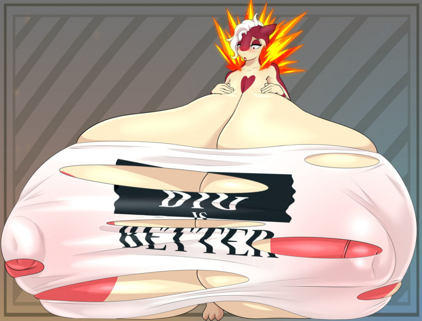 anthro areola big_breasts big_nipples blush breast_expansion breasts clothing english_text expansion female fire hair hanging_breasts heart_marking huge_breasts hyper hyper_breasts immobile looking_at_own_breasts looking_at_self lysergide multicolored_body nintendo nipples pok&eacute;mon pok&eacute;mon_(species) puffy_areola red_eyes shirt solo text topwear torn_clothing translucent translucent_clothing two_tone_body typhlosion video_games white_hair