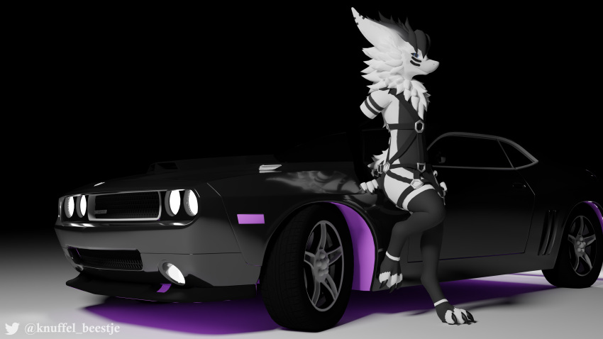 16:9 3d_(artwork) 4k absurd_res anthro armwear big_ears blender_(software) car clothing digital_media_(artwork) dodge_challenger dragon harness hi_res knuffelbeestje leaning leaning_back leaning_on_object legwear male solo stockings vehicle widescreen zyphron