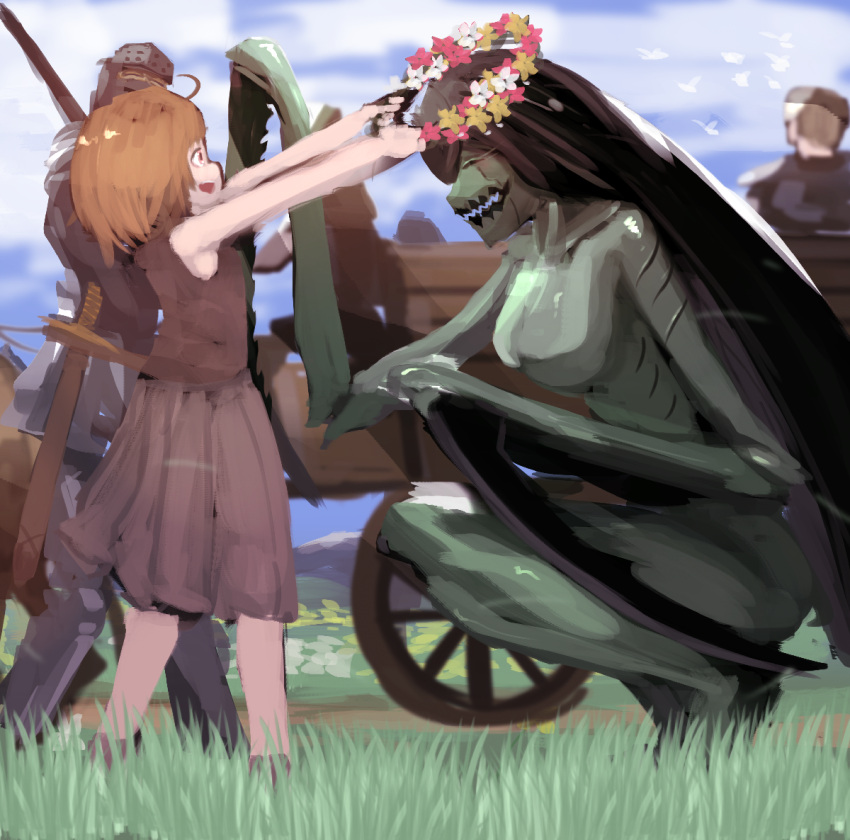 ambient_bird ambiguous_gender anderhorlo anthro armor arthropod avian background_character background_sky biped bird black_hair breasts brown_hair by-nc-nd cart child clothed clothing creative_commons dress eyes_closed featureless_breasts female flower flower_crown grass green_body group hair human insect male mammal mantis melee_weapon mountain nude plant sky smile sword weapon young