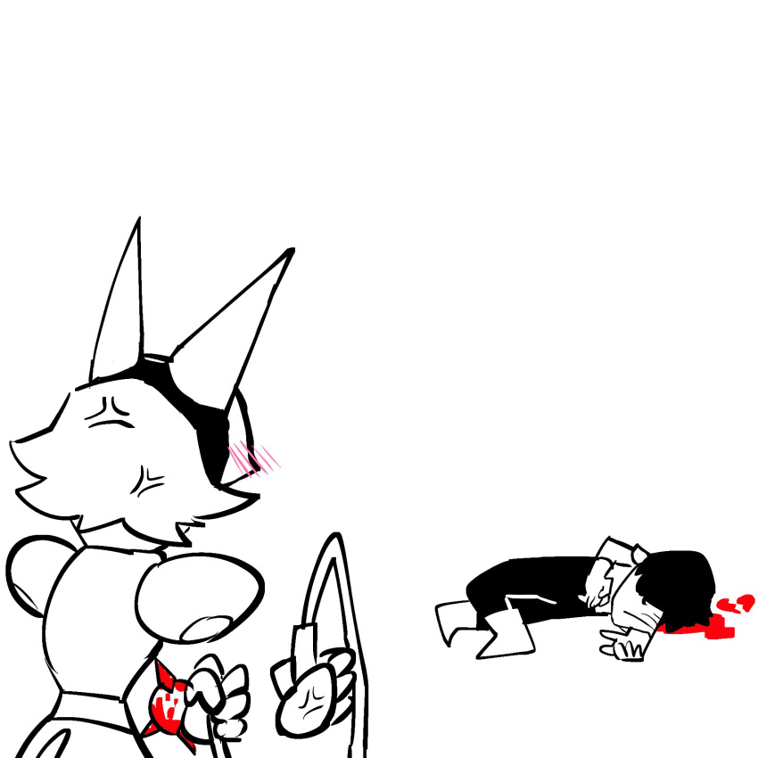 &lt;/3 1:1 2021 ambiguous_gender angry anthro blood blush bodily_fluids cross-popping_vein deltarune duo family_guy_death_pose felid feline female floating_hands hi_res human kaibootsu kris_(deltarune) limp lying lying_on_ground machine mammal meme monochrome on_side rear_view robot sketch tasque_manager undertale_(series) video_games whip