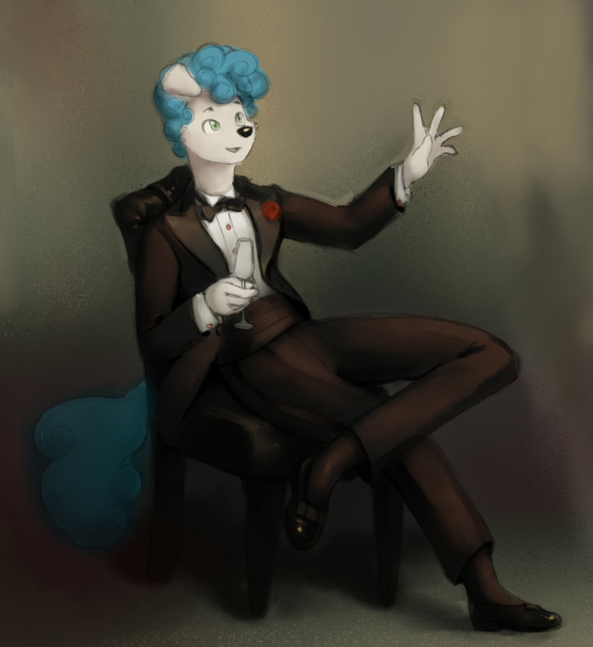 anthro black_tie_(suit) blue_hair bow_tie canid canine canis chair champagne_glass clothing cuff_links cummerbund domestic_dog fur furniture george_(sunhuiz) hair hi_res male mammal raised_hand solo suit sunhuiz white_body white_fur