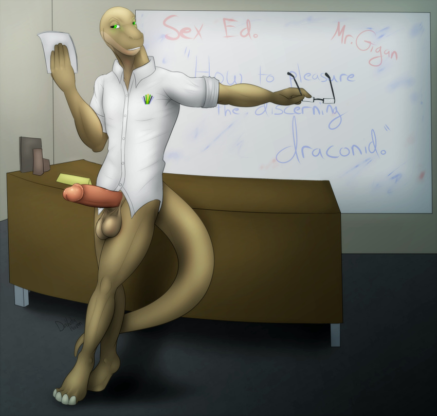 anthro balls bottomless brachiosaurid brachiosaurus clothed clothing darknesshaven dinosaur erection genitals hi_res humanoid_genitalia humanoid_penis male mr._gigan_(lurdanjo) penis reptile sauropod scalie sex_education solo teacher