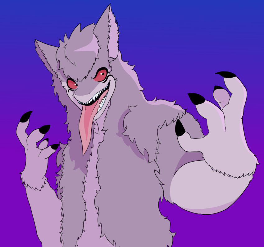 anthro black_pupils claws hair long_hair long_tongue lovelytrashpanda male markings pupils purple_body red_sclera scary_face sergal solo teeth tongue