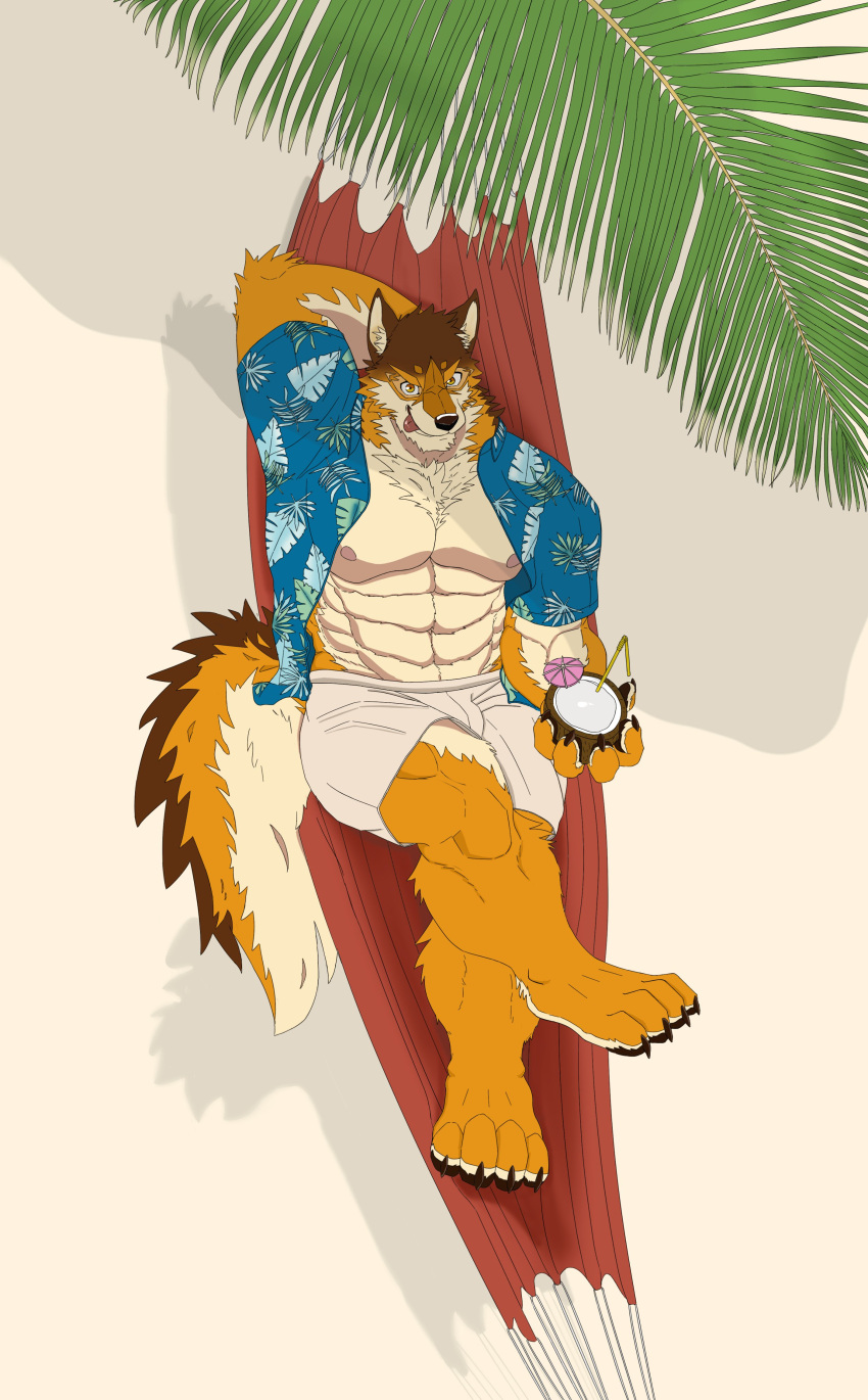 abs absurd_res aloha_shirt anthro barrel_(live-a-hero) beach beverage bird's-eye_view bottomwear canid canine canis clothed clothing coconut_drink hi_res high-angle_view iroh_art lifewonders live-a-hero male mammal muscular muscular_anthro muscular_male nipples open_clothing open_shirt open_topwear palm_tree pattern_clothing pattern_shirt pattern_topwear pecs plant seaside shirt shorts solo topwear tree vacation video_games wolf